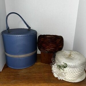 Vintage Blue‎ Hat Case Box & 2 Vintage Hats - Soft Brown Feathers & White w/Net